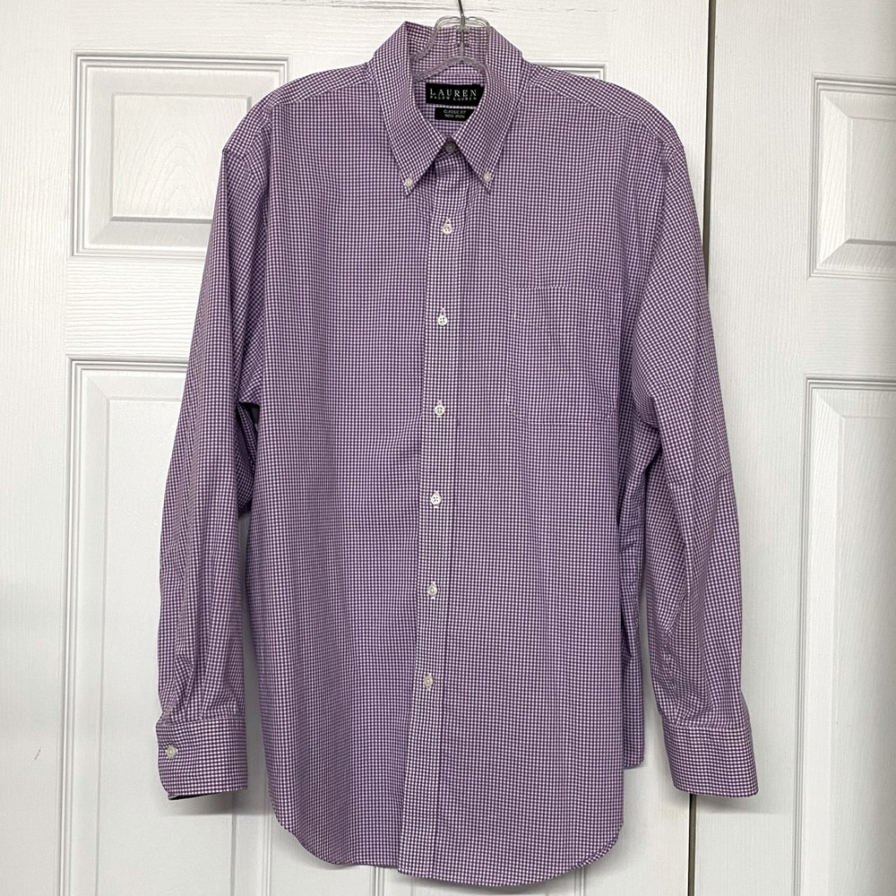 Lauren Ralph Lauren Purple Gingham Classic Fit Non Iron Dress Shirt Sz 17